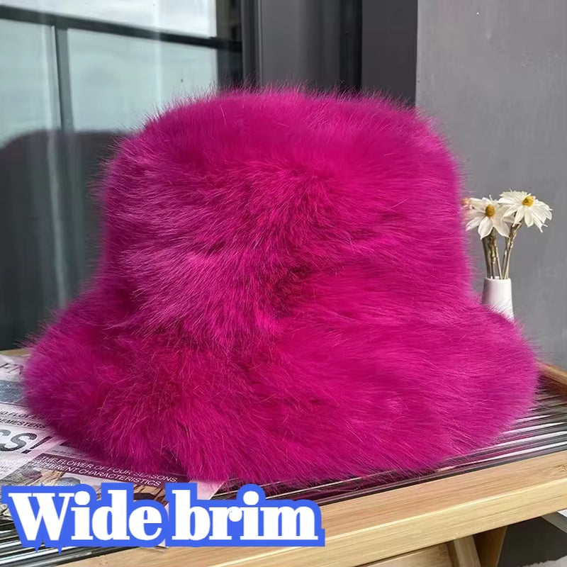 2024 Fluffy Faux Fur Bucket Hats Women Rabbit Fur Warm Thick Plush Winter Hat Lady Fashion Luxury Panama Furry Fisherman Cap Y2K