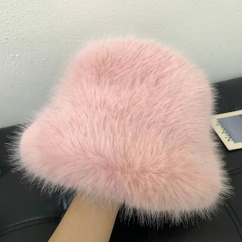 2024 Fluffy Faux Fur Bucket Hats Women Rabbit Fur Warm Thick Plush Winter Hat Lady Fashion Luxury Panama Furry Fisherman Cap Y2K