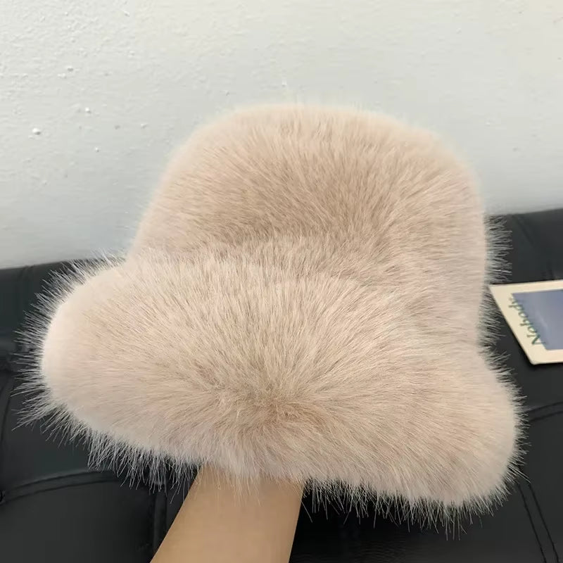 2024 Fluffy Faux Fur Bucket Hats Women Rabbit Fur Warm Thick Plush Winter Hat Lady Fashion Luxury Panama Furry Fisherman Cap Y2K