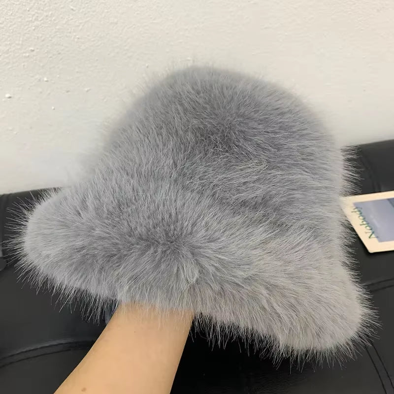 2024 Fluffy Faux Fur Bucket Hats Women Rabbit Fur Warm Thick Plush Winter Hat Lady Fashion Luxury Panama Furry Fisherman Cap Y2K