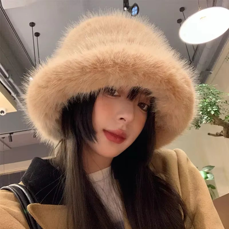 2024 Fluffy Faux Fur Bucket Hats Women Rabbit Fur Warm Thick Plush Winter Hat Lady Fashion Luxury Panama Furry Fisherman Cap Y2K