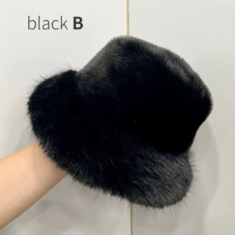 2024 Fluffy Faux Fur Bucket Hats Women Rabbit Fur Warm Thick Plush Winter Hat Lady Fashion Luxury Panama Furry Fisherman Cap Y2K