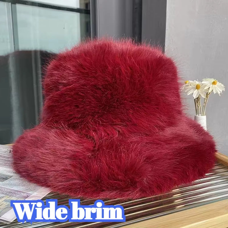 2024 Fluffy Faux Fur Bucket Hats Women Rabbit Fur Warm Thick Plush Winter Hat Lady Fashion Luxury Panama Furry Fisherman Cap Y2K