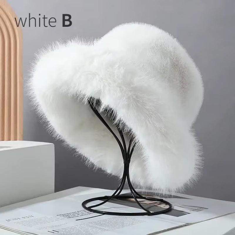 2024 Fluffy Faux Fur Bucket Hats Women Rabbit Fur Warm Thick Plush Winter Hat Lady Fashion Luxury Panama Furry Fisherman Cap Y2K