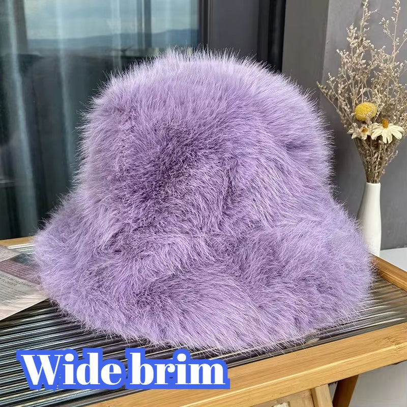 2024 Fluffy Faux Fur Bucket Hats Women Rabbit Fur Warm Thick Plush Winter Hat Lady Fashion Luxury Panama Furry Fisherman Cap Y2K