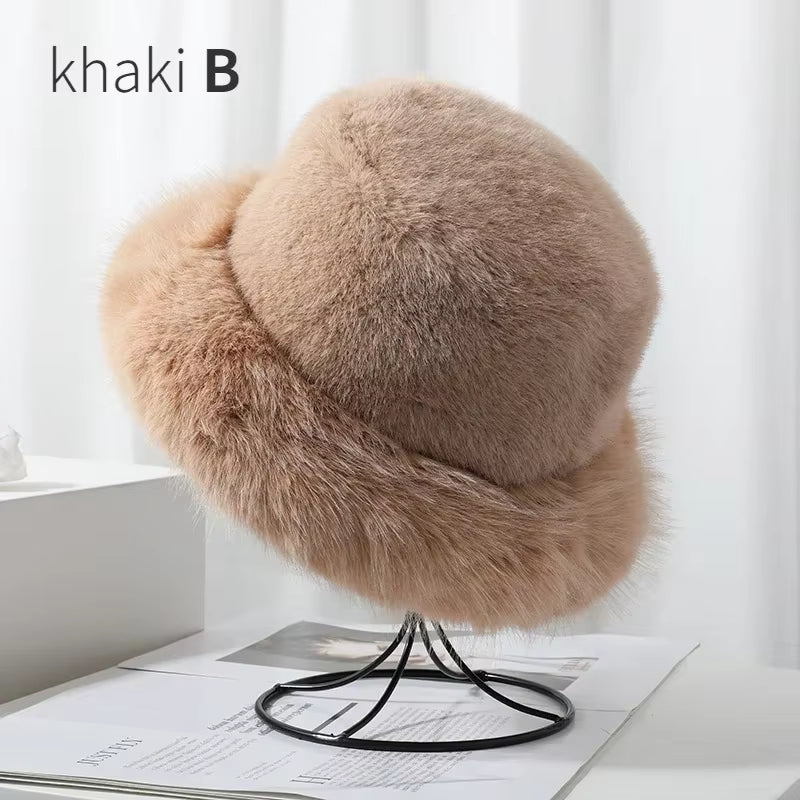 2024 Fluffy Faux Fur Bucket Hats Women Rabbit Fur Warm Thick Plush Winter Hat Lady Fashion Luxury Panama Furry Fisherman Cap Y2K