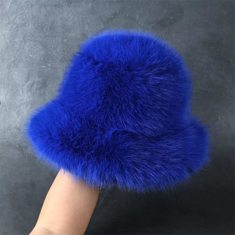 2024 Fluffy Faux Fur Bucket Hats Women Rabbit Fur Warm Thick Plush Winter Hat Lady Fashion Luxury Panama Furry Fisherman Cap Y2K