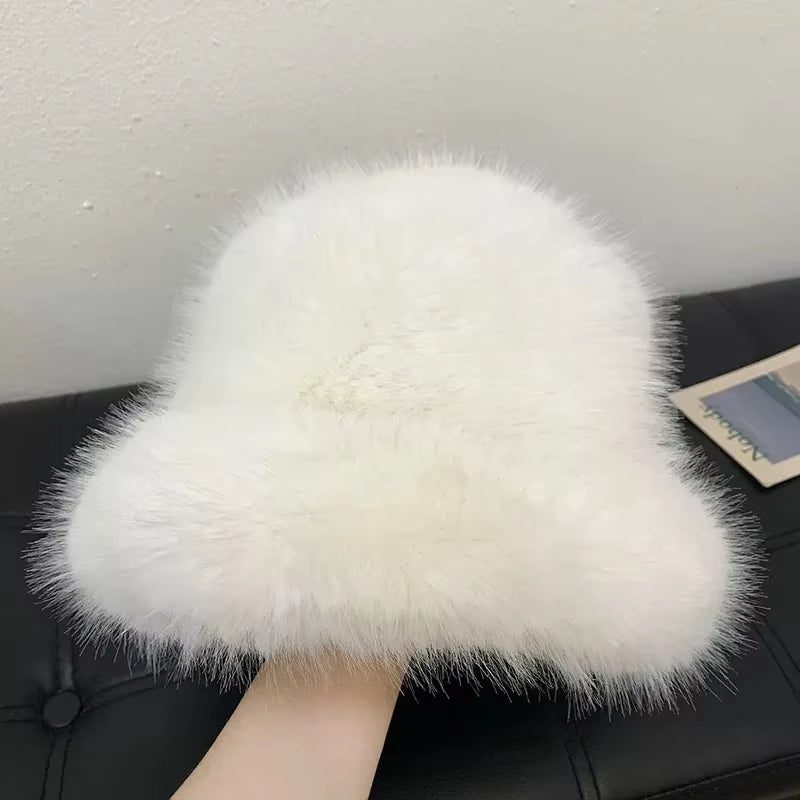 2024 Fluffy Faux Fur Bucket Hats Women Rabbit Fur Warm Thick Plush Winter Hat Lady Fashion Luxury Panama Furry Fisherman Cap Y2K