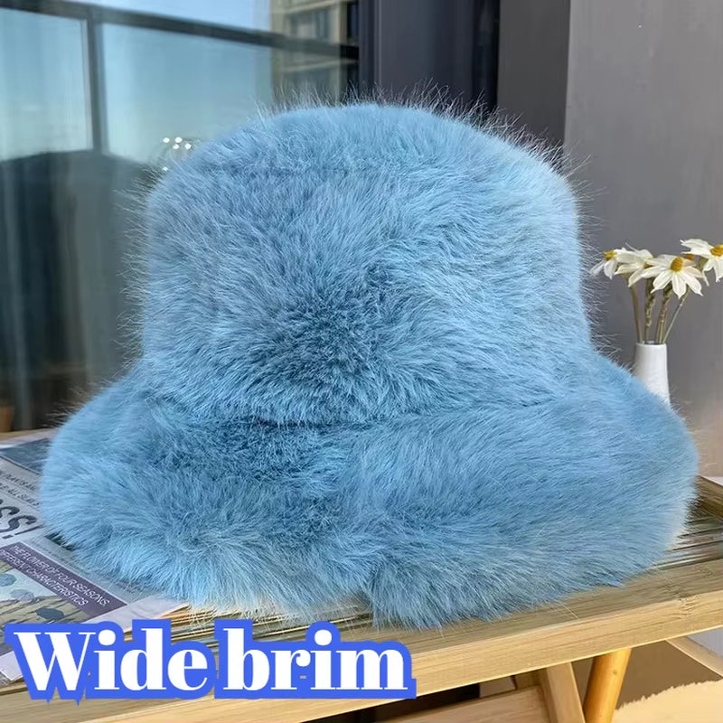 2024 Fluffy Faux Fur Bucket Hats Women Rabbit Fur Warm Thick Plush Winter Hat Lady Fashion Luxury Panama Furry Fisherman Cap Y2K