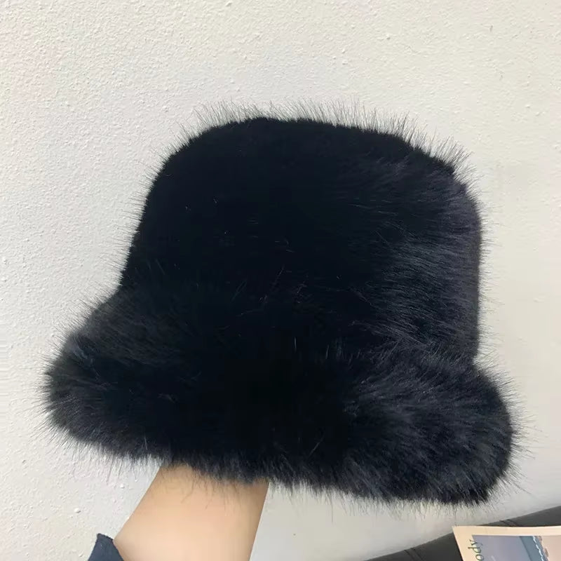 2024 Fluffy Faux Fur Bucket Hats Women Rabbit Fur Warm Thick Plush Winter Hat Lady Fashion Luxury Panama Furry Fisherman Cap Y2K