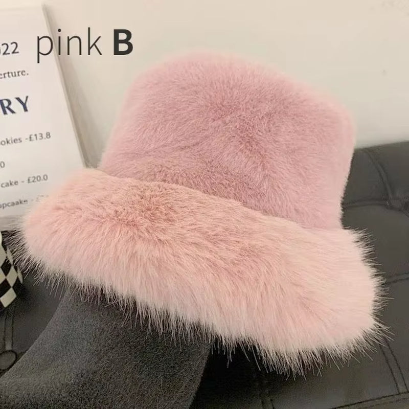 2024 Fluffy Faux Fur Bucket Hats Women Rabbit Fur Warm Thick Plush Winter Hat Lady Fashion Luxury Panama Furry Fisherman Cap Y2K