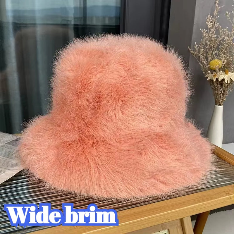 2024 Fluffy Faux Fur Bucket Hats Women Rabbit Fur Warm Thick Plush Winter Hat Lady Fashion Luxury Panama Furry Fisherman Cap Y2K