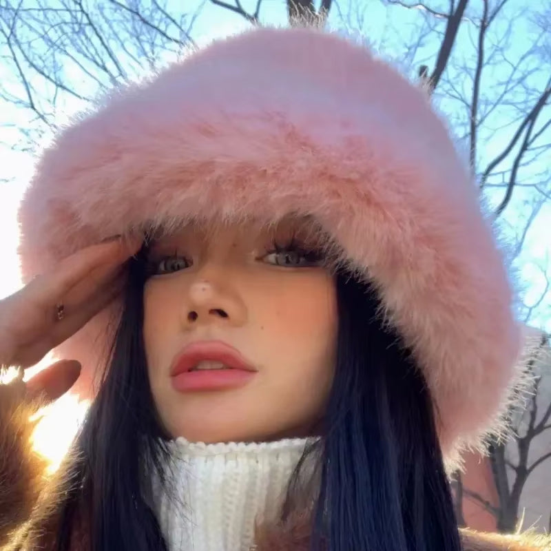 2024 Fluffy Faux Fur Bucket Hats Women Rabbit Fur Warm Thick Plush Winter Hat Lady Fashion Luxury Panama Furry Fisherman Cap Y2K